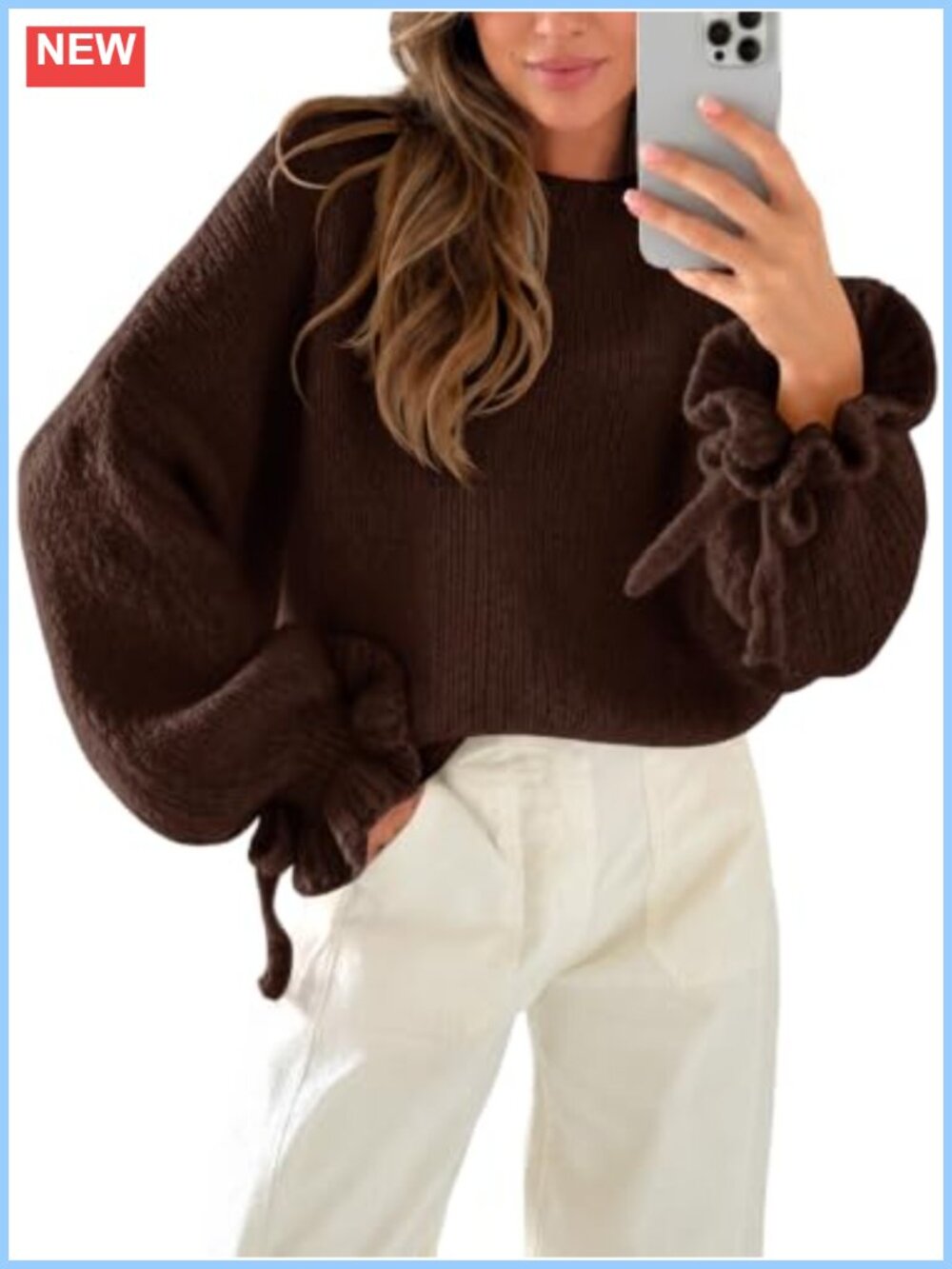 Women's Chunky Knit Ruffle Sleeve Pullover Sweater, Oversized Fall Winter Top